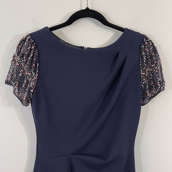 Xscape Women's Navy Short Sleeve Pearl Embellished Sheath Dress Size 4 - Picture 2 of 8